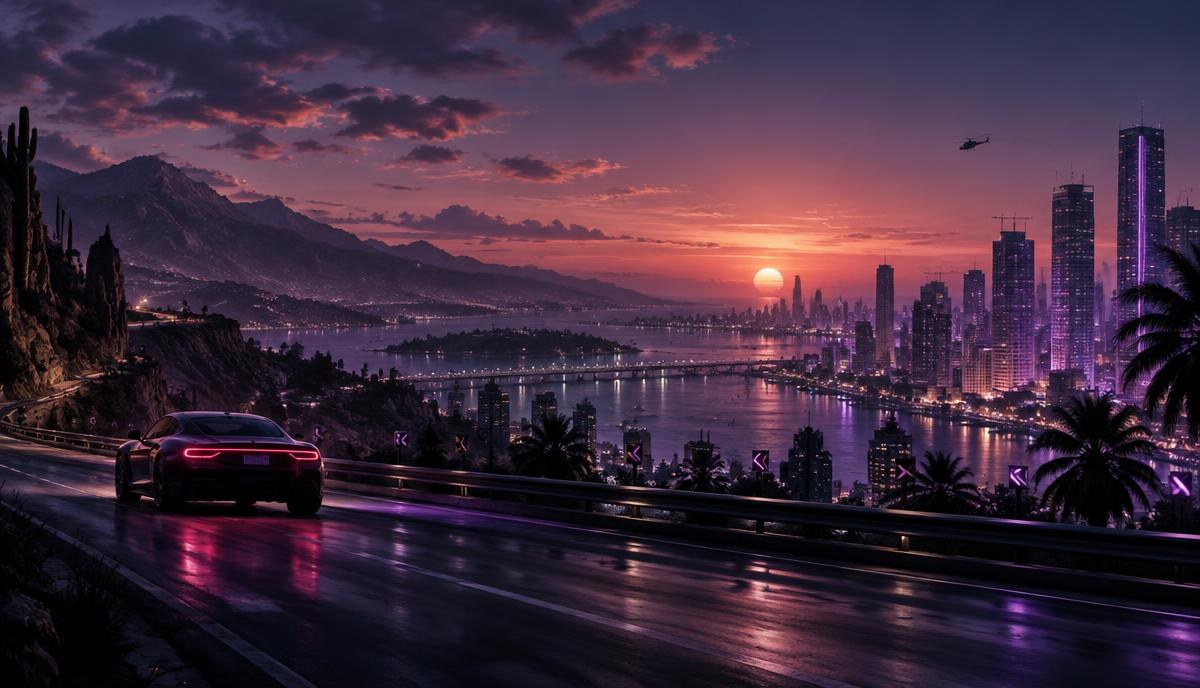 Sports car overlooking a neon-lit coastal city at sunset, illustrating open-world games to play while waiting for GTA 6.